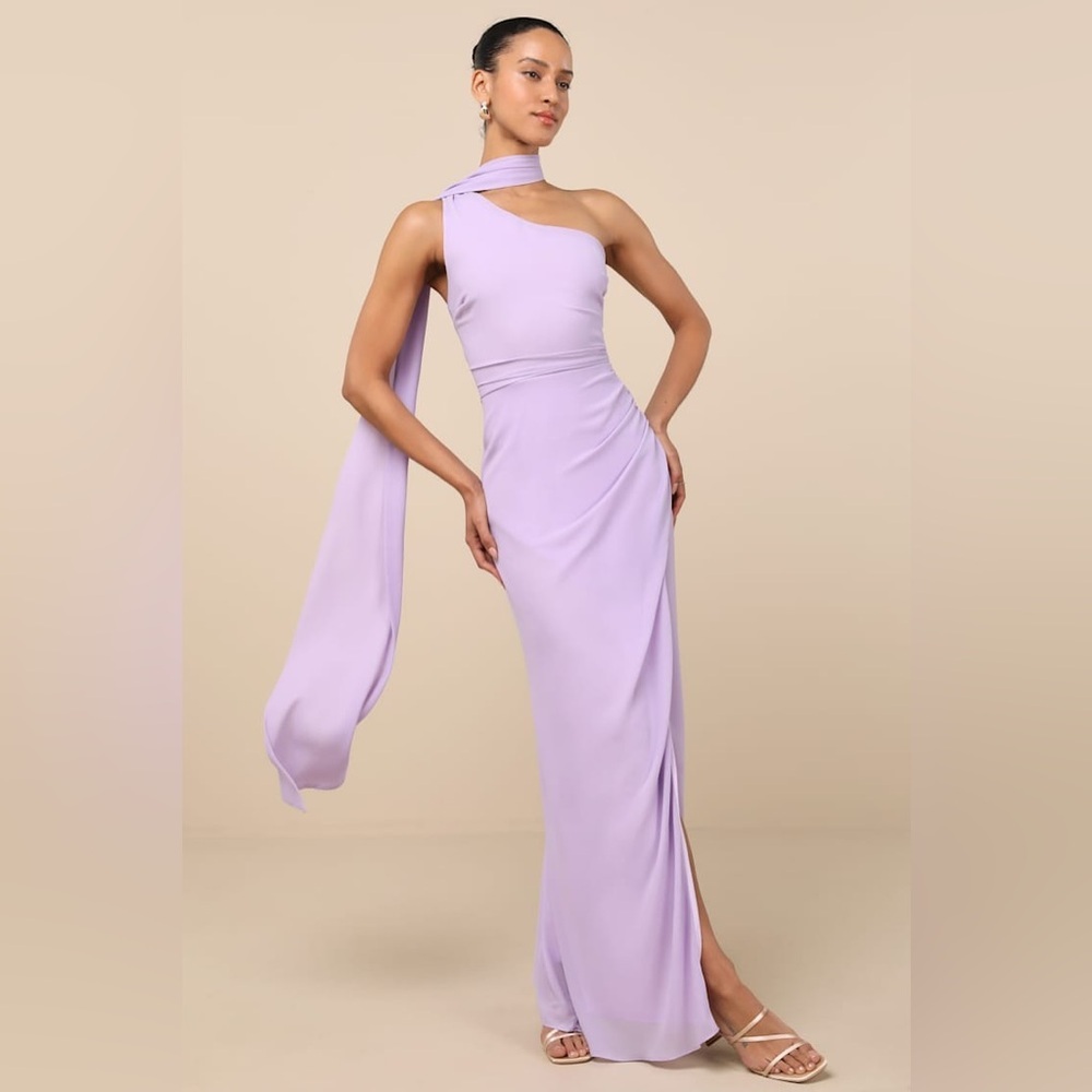 LULU’S Adeline Lavender One-Shoulder Scarf Maxi Dress - Picture 5 of 6
